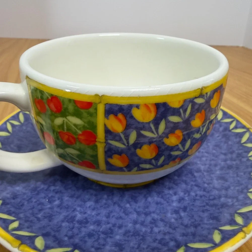 Vista Alegre Portugal Horta Tea‎ Cup and Saucer Set Blue Yellow Tulip Cherry